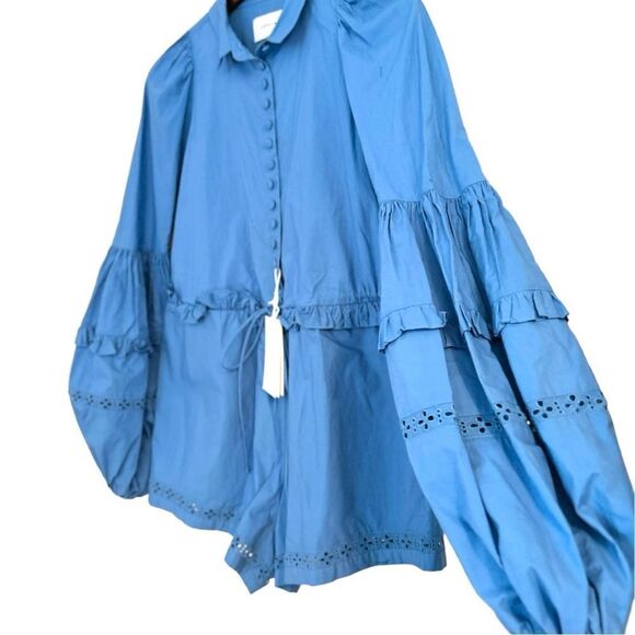 Joslin Lili Cotton Eyelet Ruffle Poplin Cotton Romper in Cerulean Blue, Size 2 - Picture 7 of 16